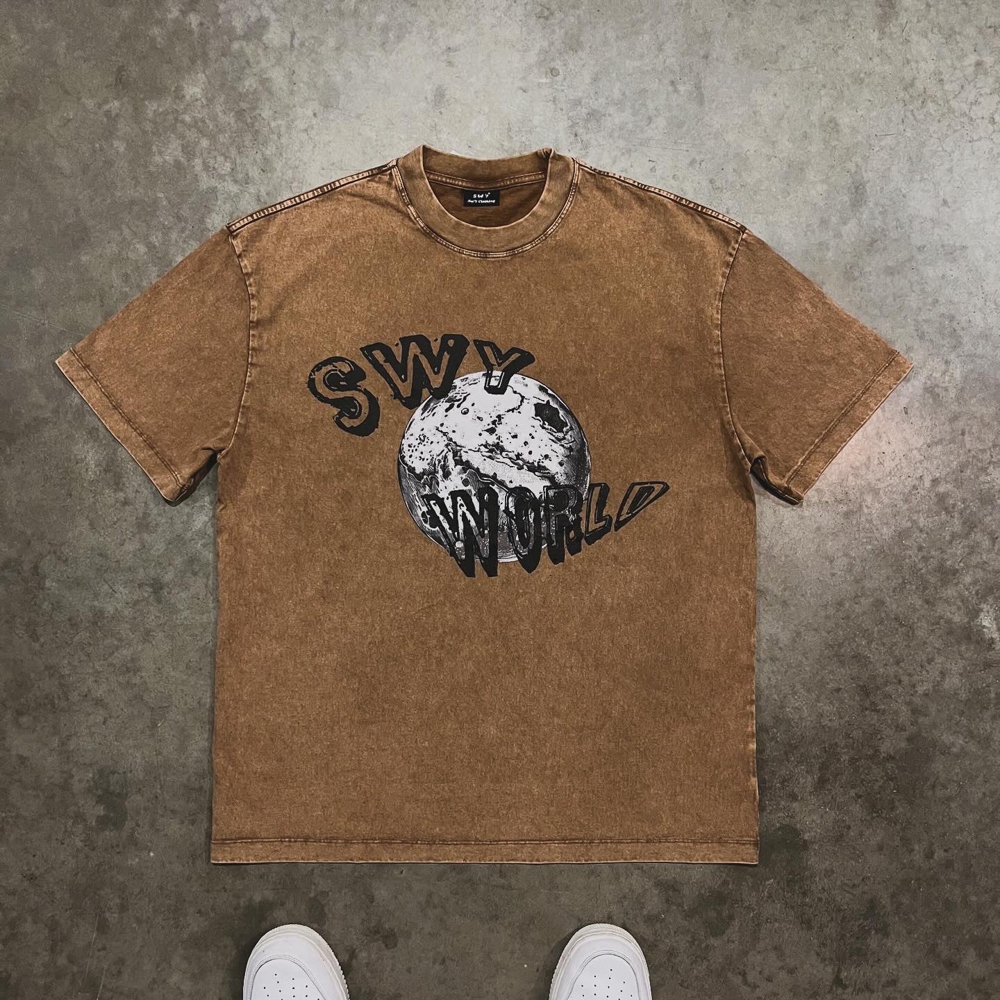 Brown SWY World Oversized Acid Washed T-Shirt