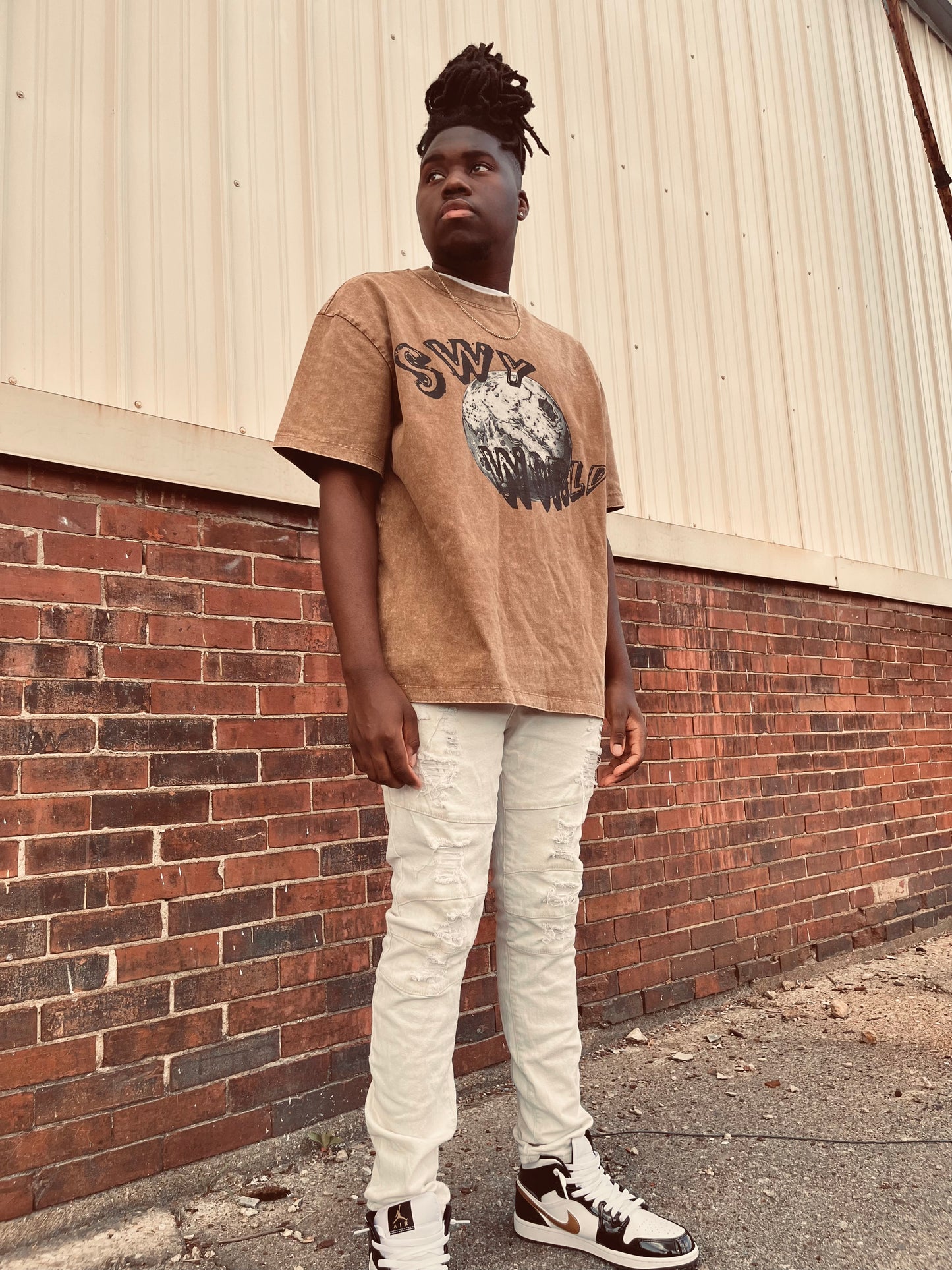 Brown SWY World Oversized Acid Washed T-Shirt